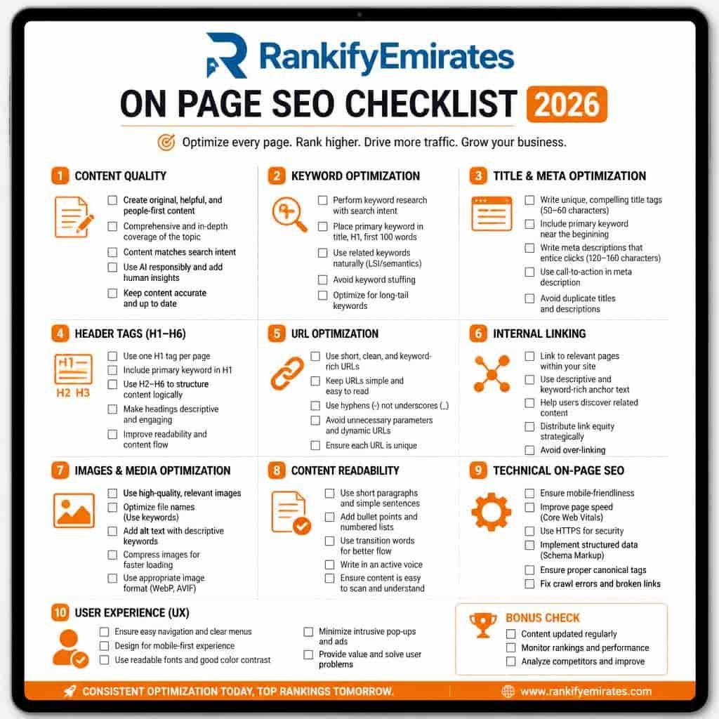 On Page SEO Complete Checklist for 2026 RankifyEmirates